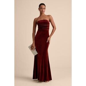 NEW WITH TAGS Lulus Maren Rust Velvet Strapless Mermaid Maxi Dress Red - Size S